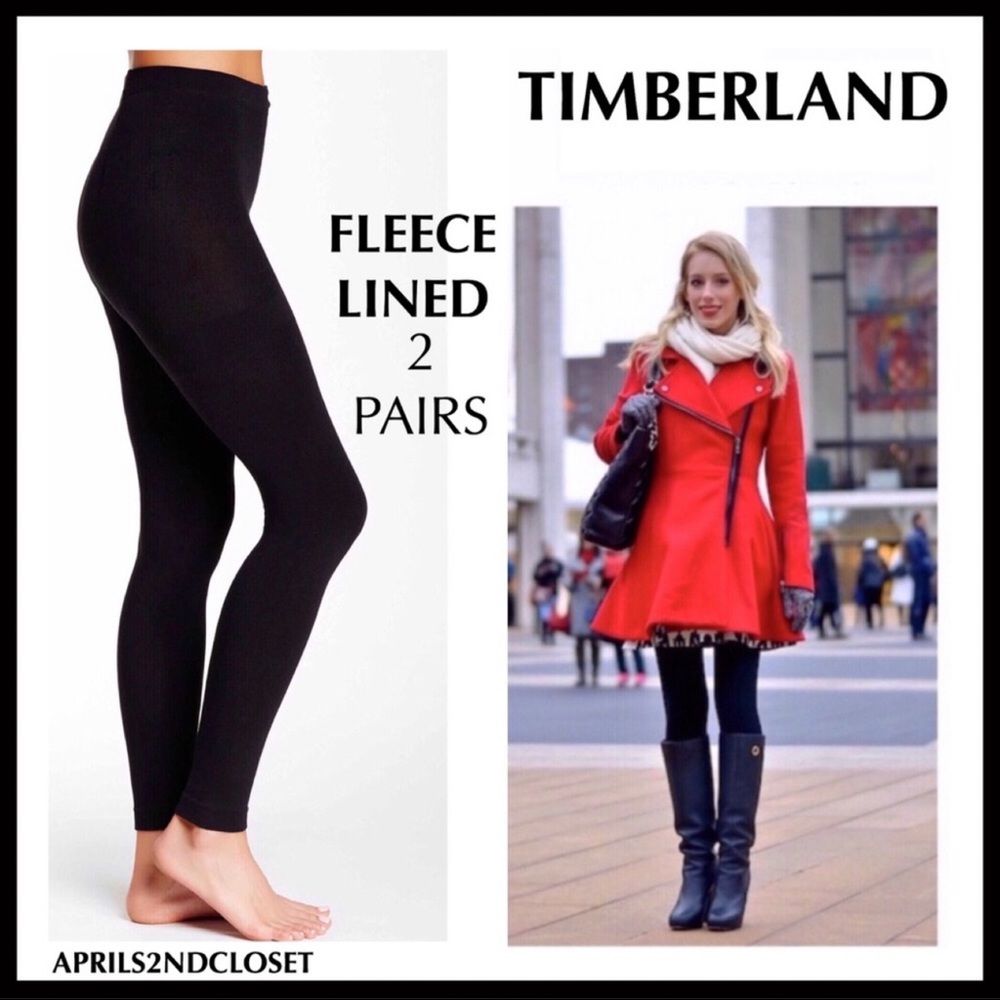 TIMBERLAND 2 BLACK FLEECE LINED LEGGINGS COZY FOOTLESS TIGHTS A3C - Picture 16 of 16